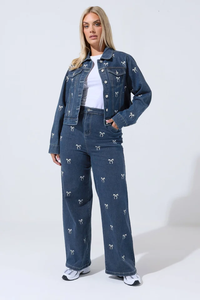 Yours Limited Curve Blue Bow Embroidered Wide Leg Jeans