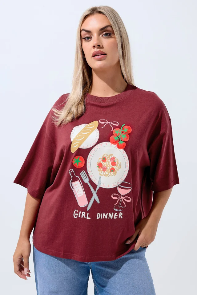 Yours Curve Burgundy Red 'Girl Dinner' Slogan T-Shirt