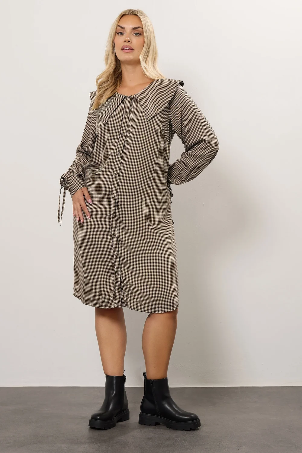 Yours Curve Brown Check Collar Mini Dress - 22-24 Image 2