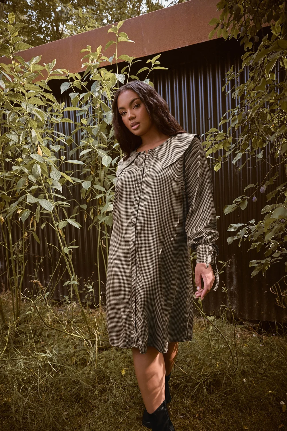 Yours Curve Brown Check Collar Mini Dress - 22-24 Image 1