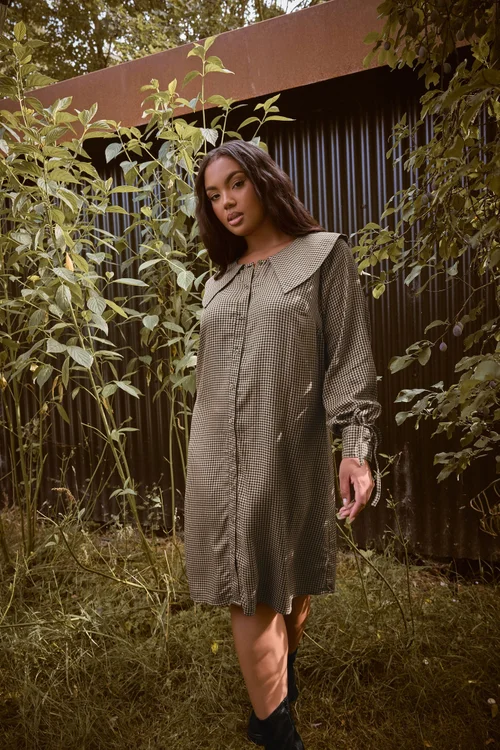 Yours Curve Brown Check Collar Mini Dress - 22-24 Image 1