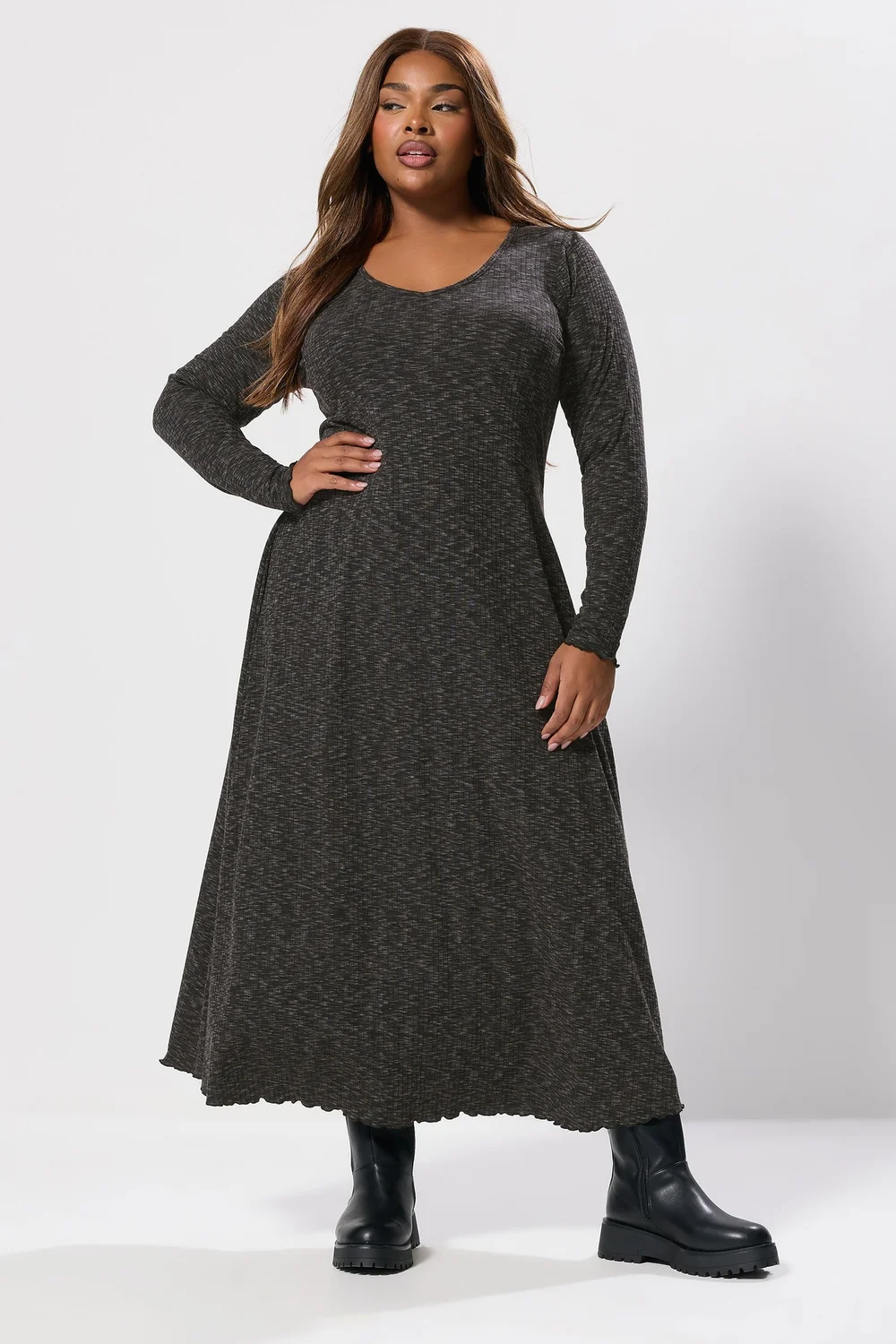 Yours Curve Grey Marl Ribbed Maxi Dress - 18 Image 2