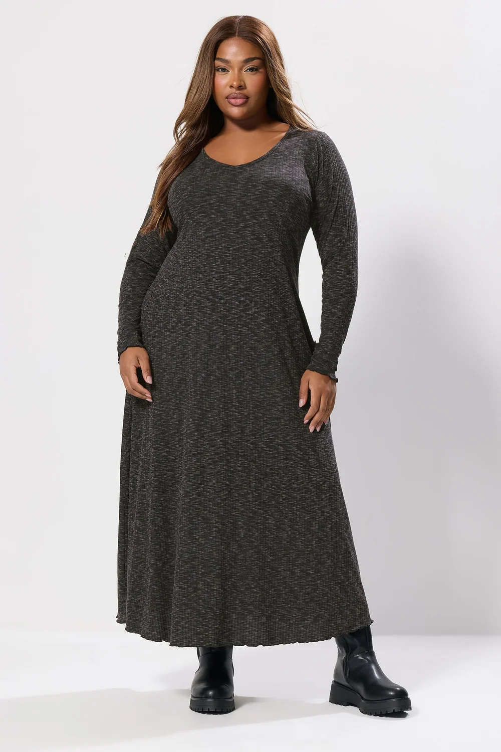 Yours Curve Grey Marl Ribbed Maxi Dress - 18 Image 1