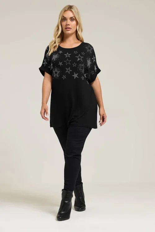 Yours Curve Black Star Stud Embellished T-Shirt - Size 20 Clothing Image 3