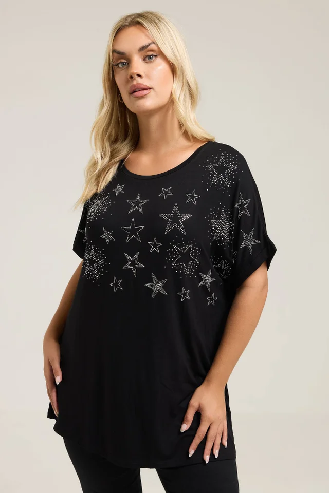 Yours Curve Black Star Stud Embellished T-Shirt