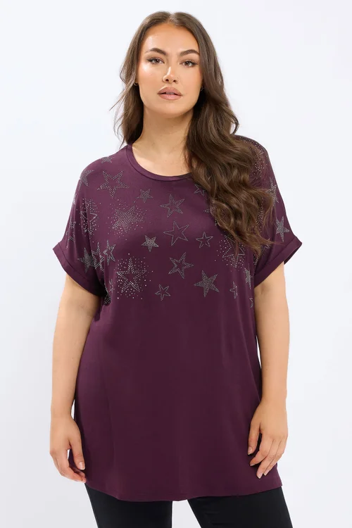 Yours Curve Purple Star Stud Embellished T-Shirt - Size 18 Image 1