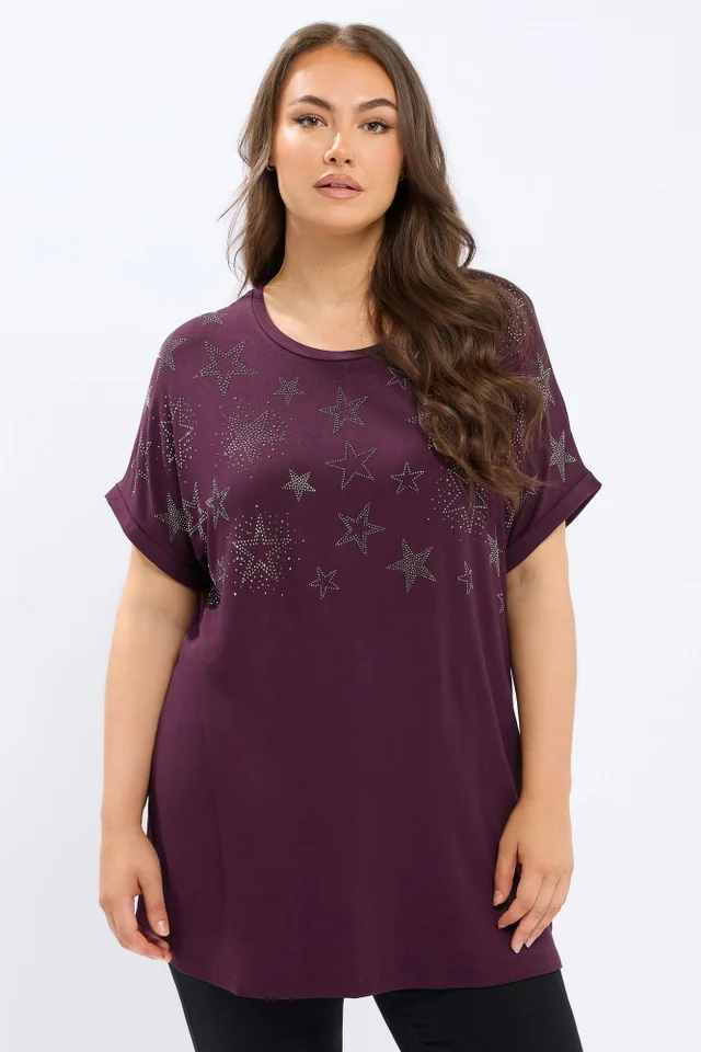 Yours Curve Purple Star Stud Embellished T-Shirt