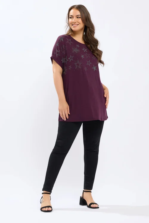 Yours Curve Purple Star Stud Embellished T-Shirt - Size 18 Image 2