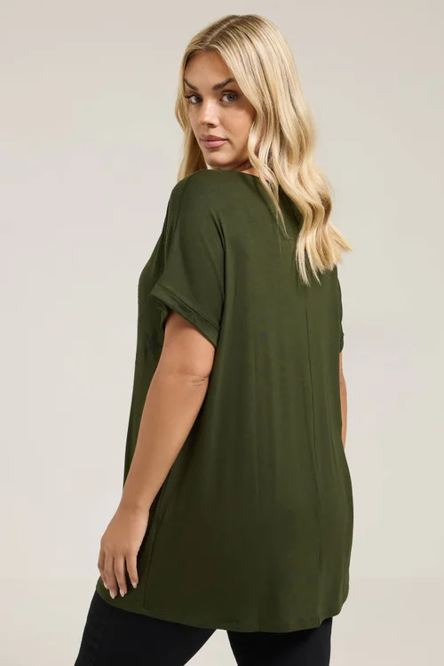 Yours Curve Khaki Green Star Print Grown On Sleeve T-Shirt - Size 18 Clothing Image 3