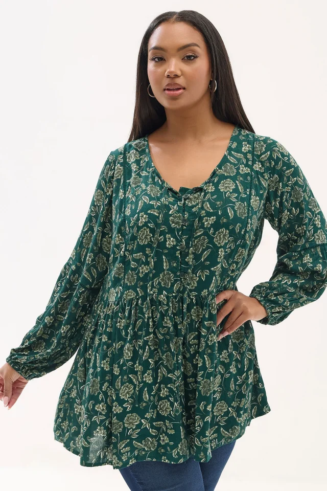 Yours Curve Green Floral Print Tie Neck Blouse