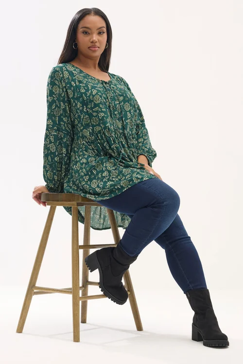 Yours Curve Green Floral Print Tie Neck Blouse - Size 20 Image 2