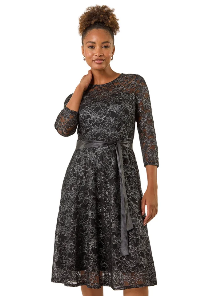Roman Black Metallic Lace Frill Sleeve Dress