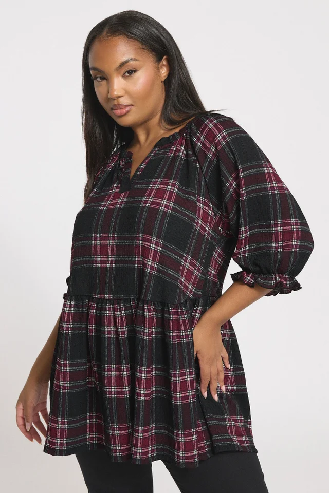 Yours Curve Black Check Textured Peplum Top