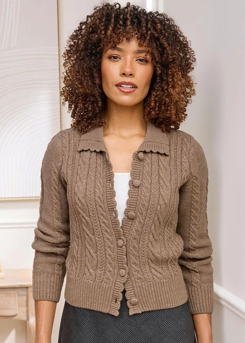 Cotton Traders Mocha Cable Button Cardigan - Size 16 Clothing Image 3