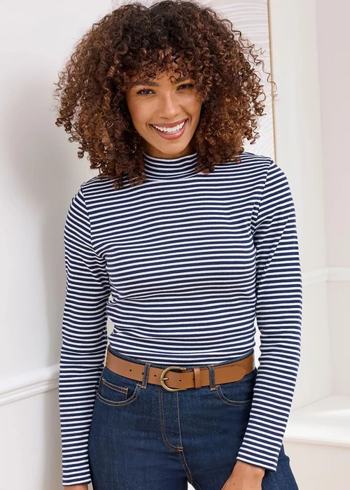 Cotton Traders Navy Wrinkle Free Long Sleeve Stripe Turtleneck Top - Size 8 Image 2