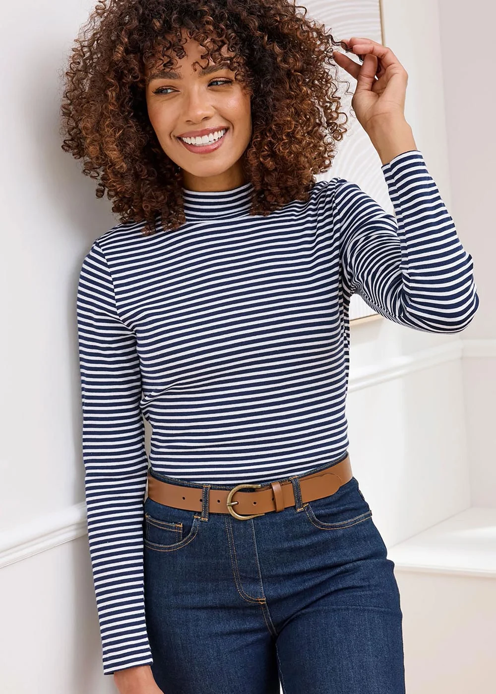 Cotton Traders Navy Wrinkle Free Long Sleeve Stripe Turtleneck Top - Size 8 Image 1