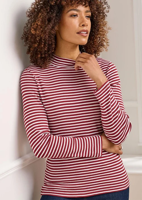 Cotton Traders Rusty Red Wrinkle Free Long Sleeve Stripe Turtleneck Top - Size 14 Clothing Image 1