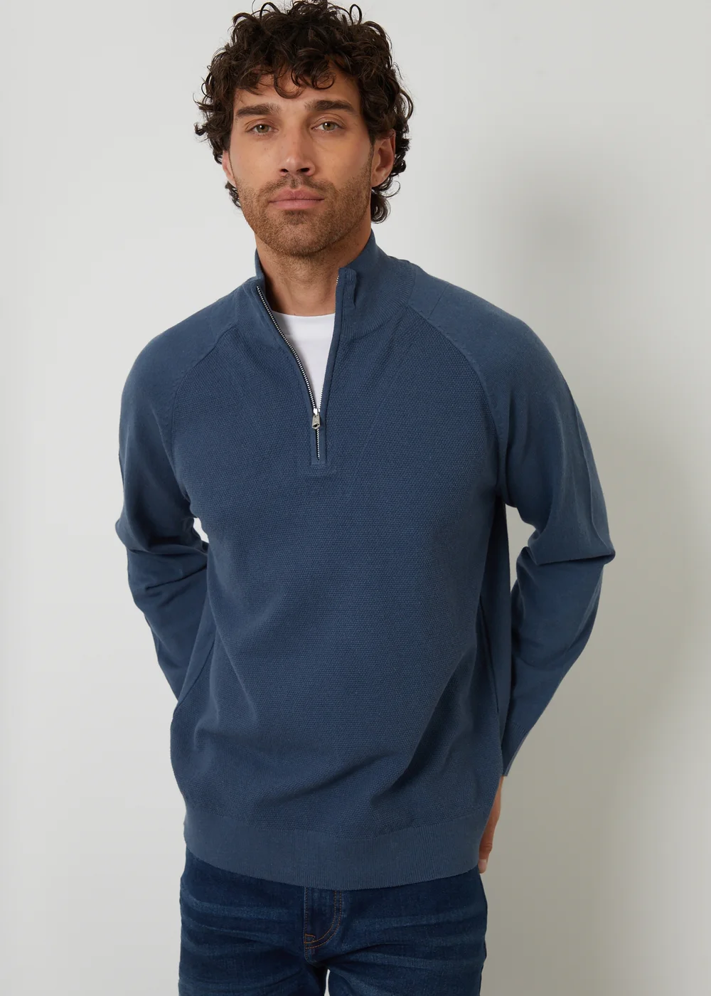 Threadbare Blue Mock Tee Textured Knit Quarter Zip Jumper - Medium Image 1
