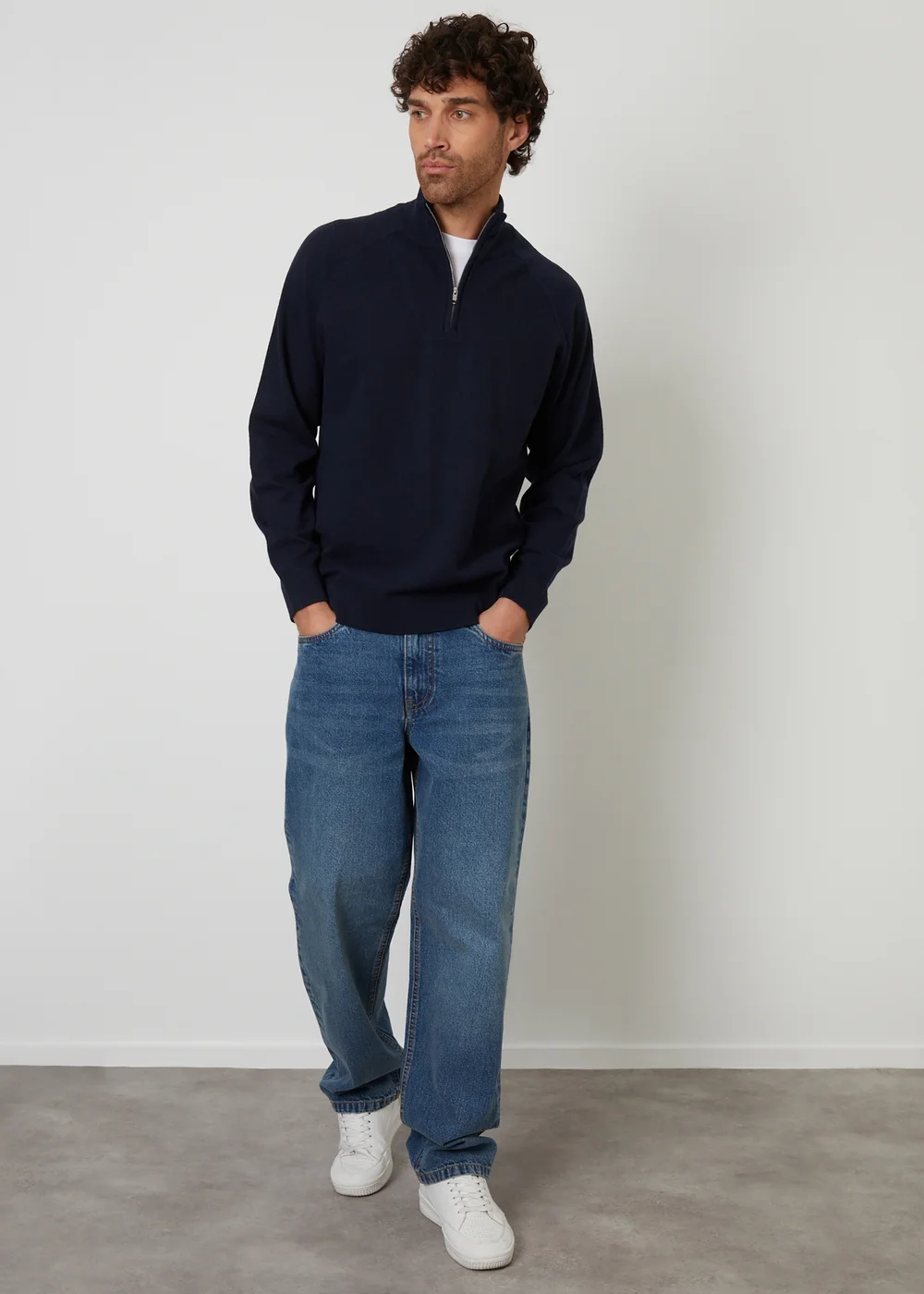 Threadbare Navy Mock Tee Textured Knit Quarter Zip Jumper - 2XL Image 3