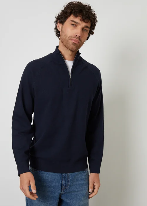 Threadbare Navy Mock Tee Textured Knit Quarter Zip Jumper - Large Image 1