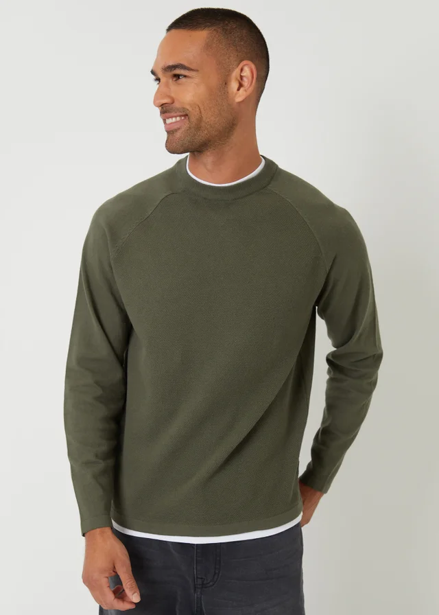 Threadbare Khaki Mock Tee Textured Knit Crew Neck Jumper