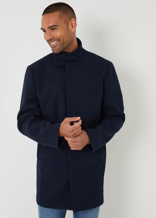 Threadbare Navy Longline Faux Wool Funnel Neck Coat - 2XL Image 1