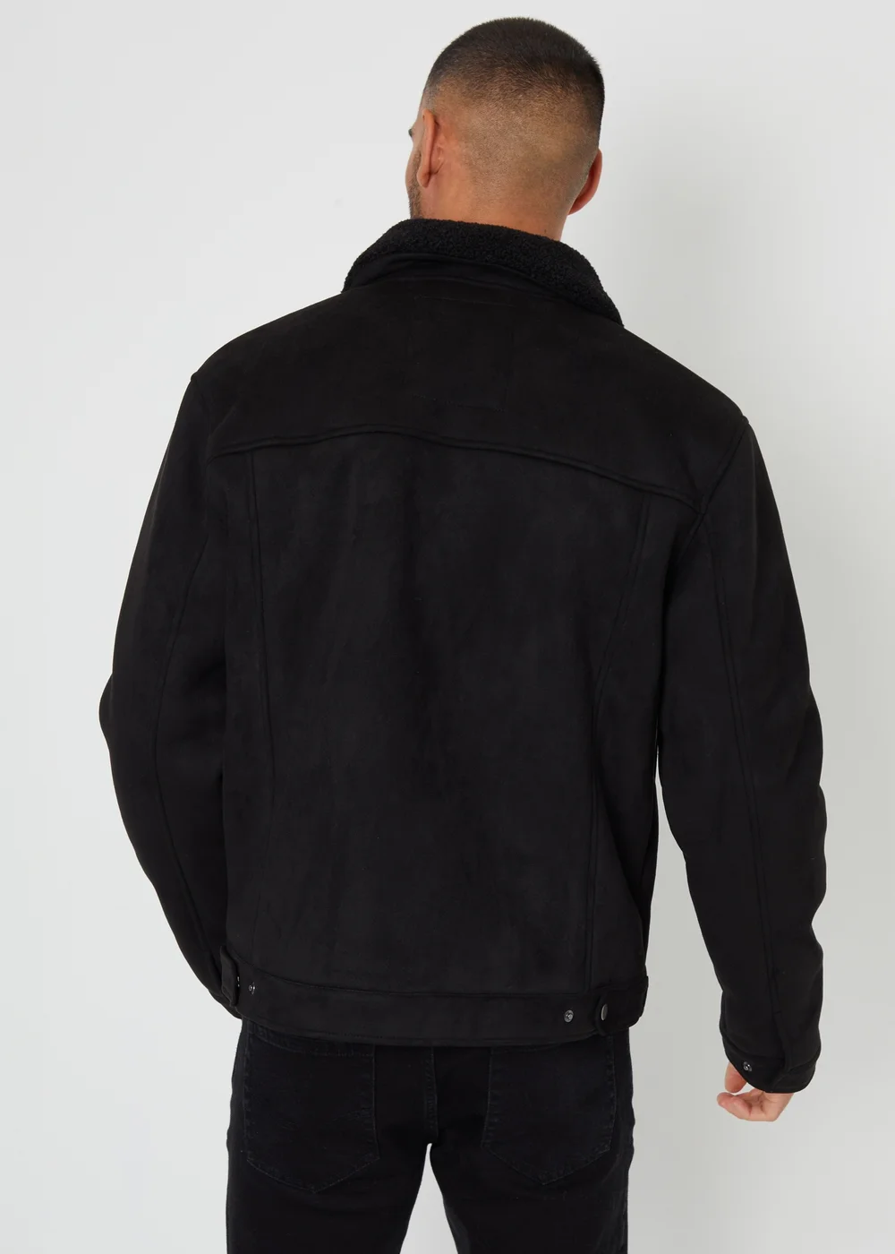 Threadbare Black Faux Suede Borg Lined Aviator Jacket - L Image 2