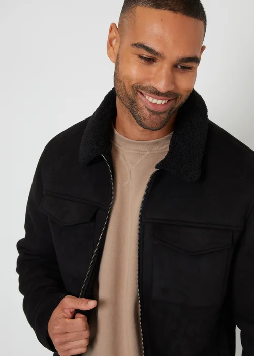 Threadbare Black Faux Suede Borg Lined Aviator Jacket - L Image 4