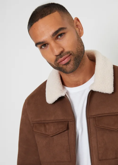 Threadbare Taupe Faux Suede Borg Lined Aviator Jacket - 2XL Image 4