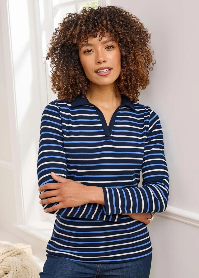 Cotton Traders Navy Wrinkle Free Stripe Long Sleeve Polo Top