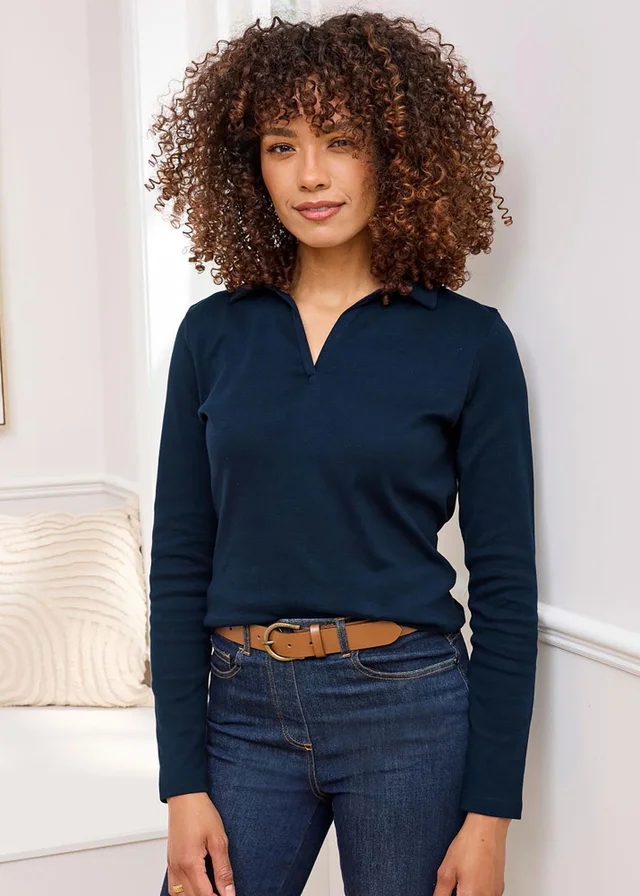 Cotton Traders Navy Wrinkle Free Long Sleeve Polo Top