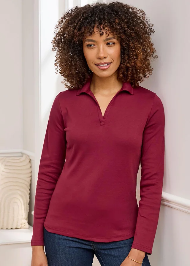 Cotton Traders Rusty Red Wrinkle Free Long Sleeve Polo Top
