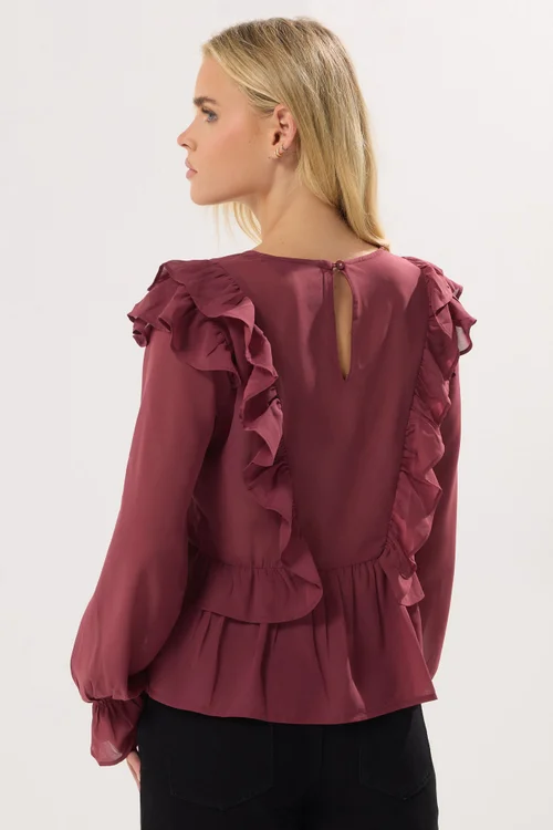 PixieGirl Petite Burgundy Red Frill Shoulder Chiffon Blouse - Size 12 Image 3