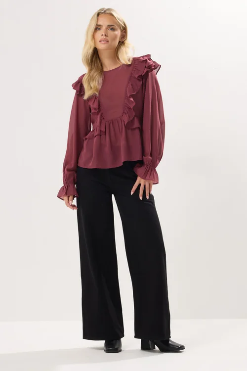 PixieGirl Petite Burgundy Red Frill Shoulder Chiffon Blouse - Size 12 Image 2