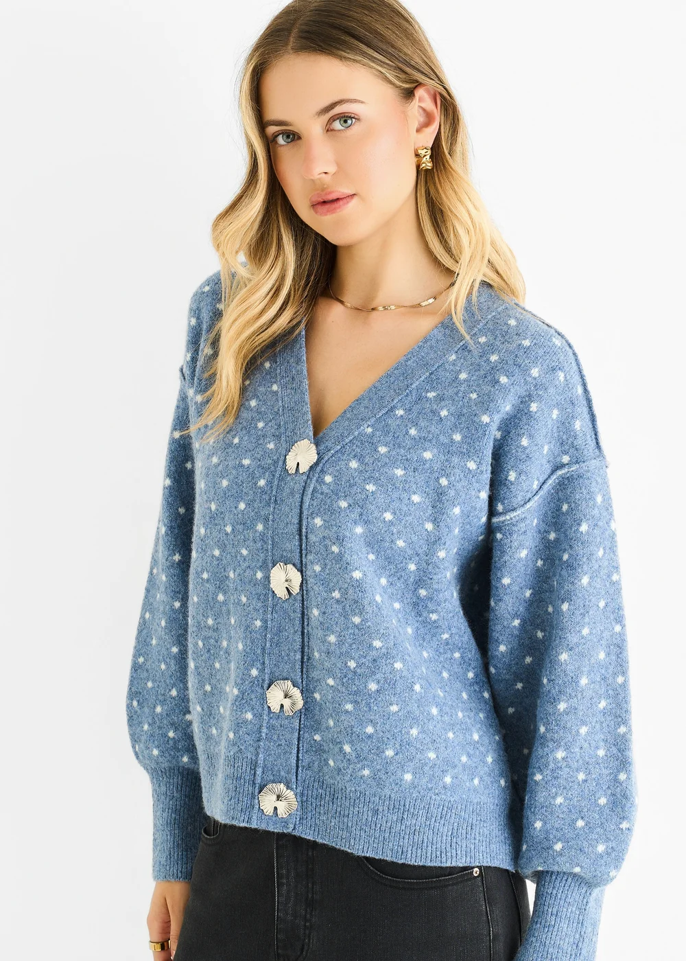 Gini London Denim Spot Print Button Cardigan Look Jumper - S/M Image 3