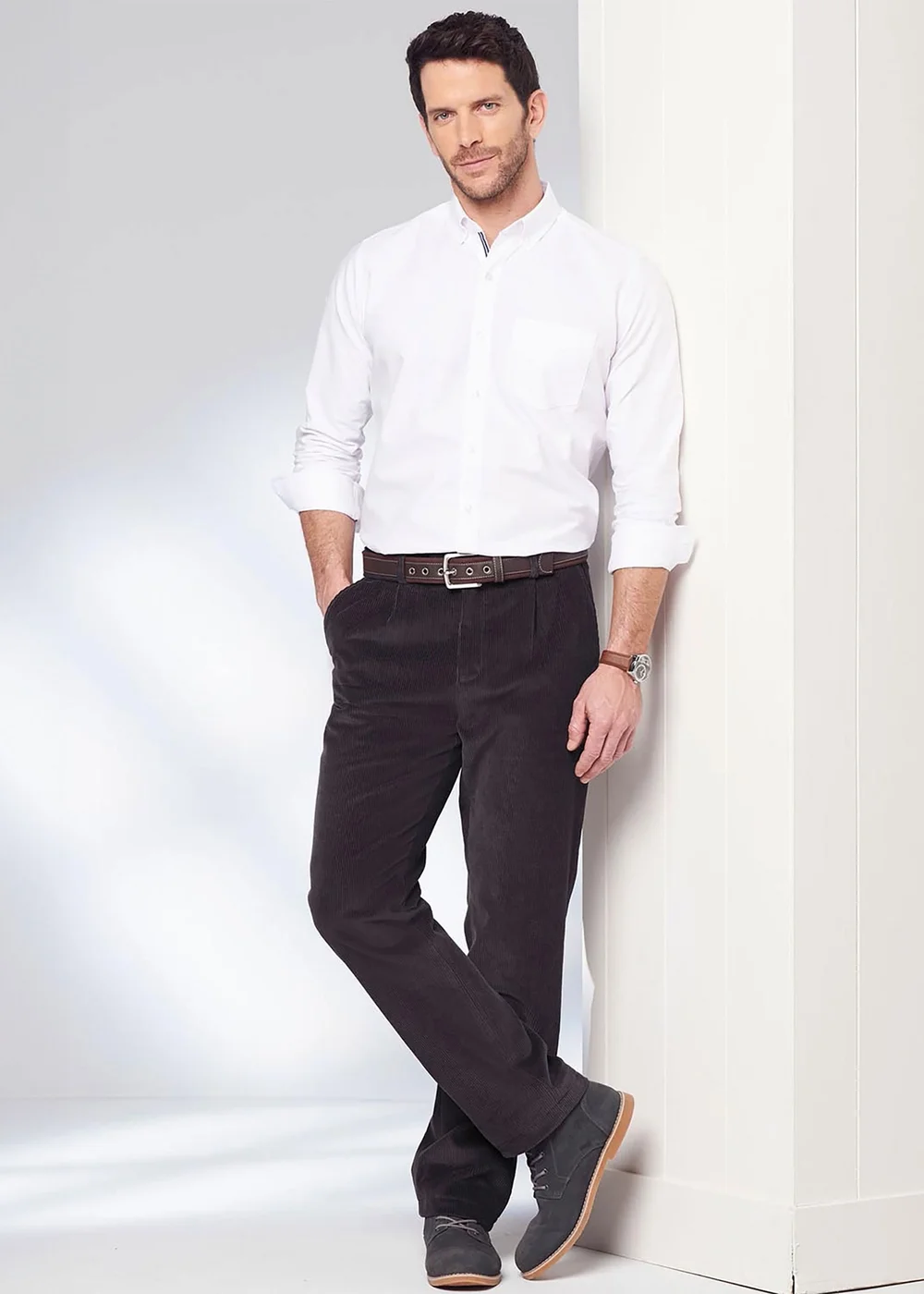 Cotton Traders Dark Steel Pleat Front Cord Trousers - 32/L31 Image 1