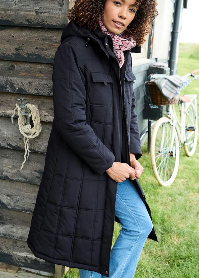 Cotton Traders Black Long Padded Hooded Coat