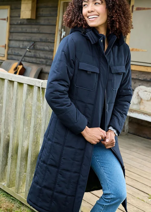 Cotton Traders Navy Long Padded Hooded Coat - 22 Image 4