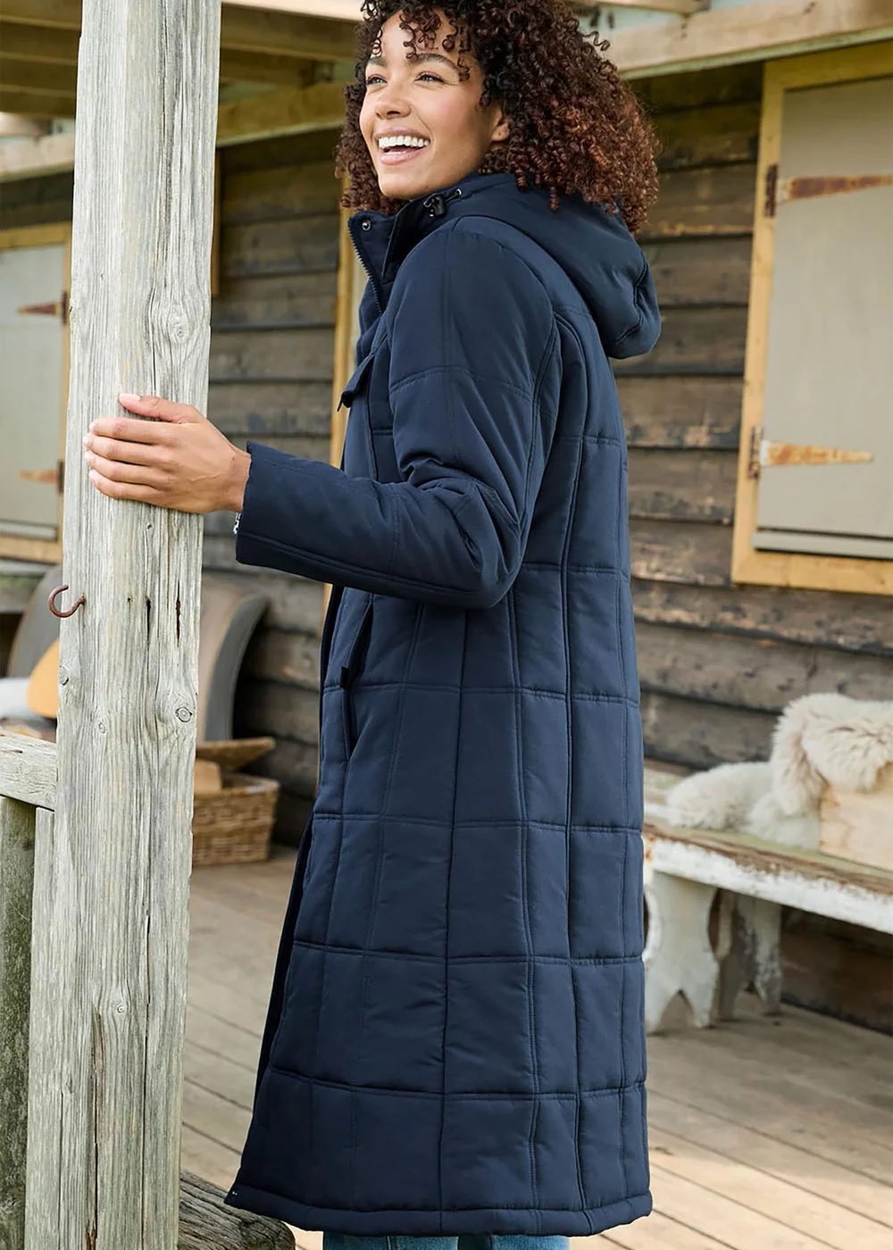Cotton Traders Navy Long Padded Hooded Coat - 22 Image 2