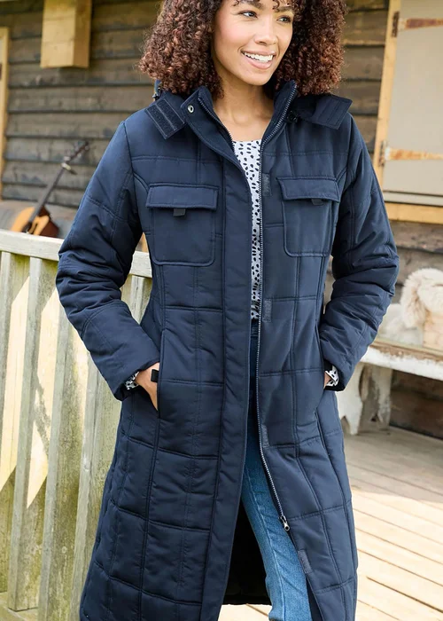 Cotton Traders Navy Long Padded Hooded Coat - 22 Image 1