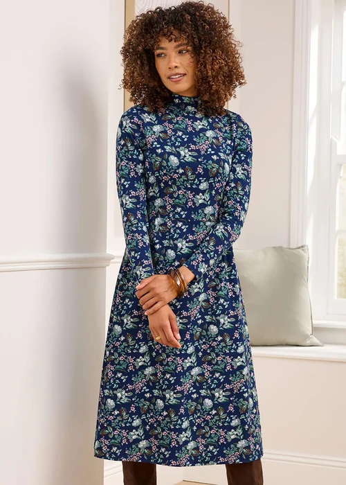 Cotton Traders Navy Turtleneck Print Jersey Midi Dress - 12 Image 2