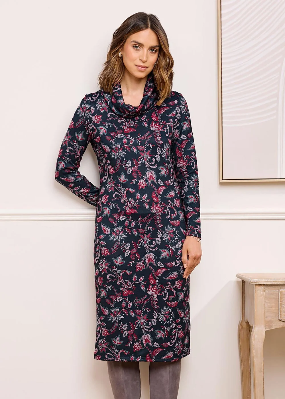 Cotton Traders Black Cowl Neck Printed Midi Dress - 14 Image 1