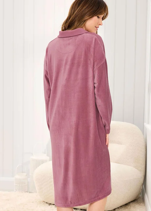 Cotton Traders Burnt Rose Velour Ribbed Long Sleeve Nightdress - Size 10-12 Image 2