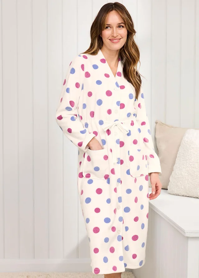 Cotton Traders Fleece Warm Cream Tie Waist Printed Dressing Gown