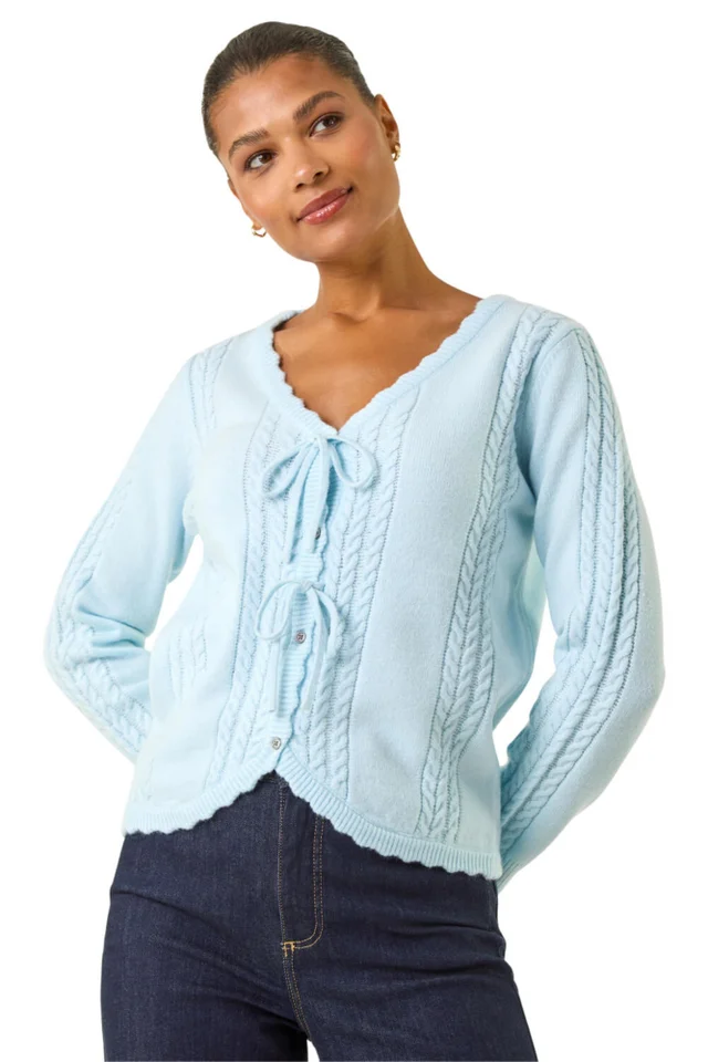 Roman Blue Bow Front Buttoned Knit Cardigan