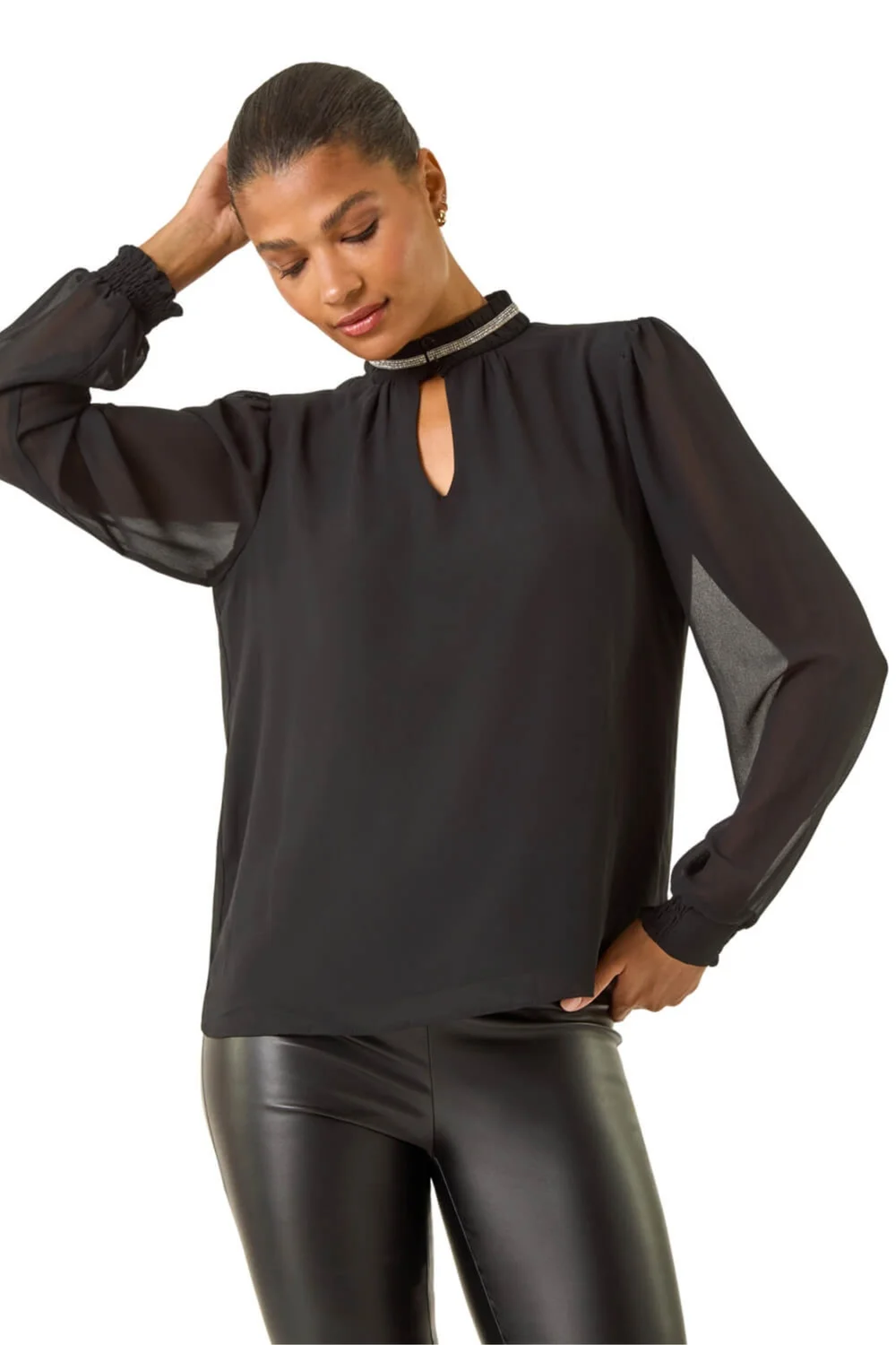 Roman Black Diamante Trim High Neck Top - Size 16 Clothing Image 1