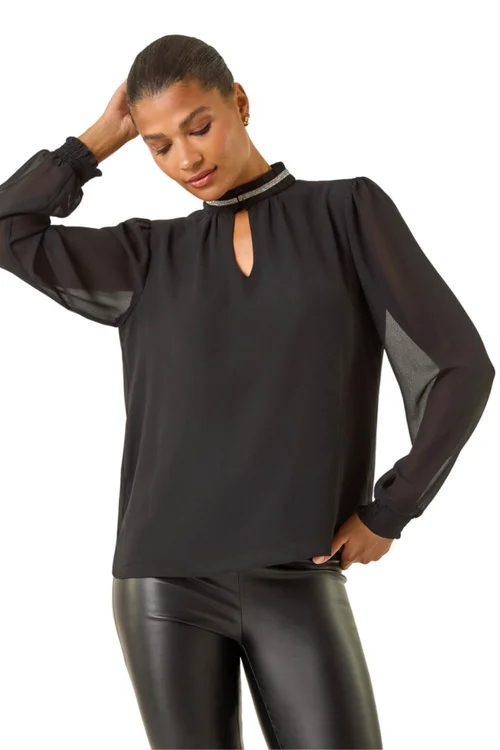 Roman Black Diamante Trim High Neck Top - Size 16 Clothing Image 1