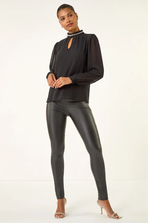 Roman Black Diamante Trim High Neck Top - Size 16 Clothing Image 2