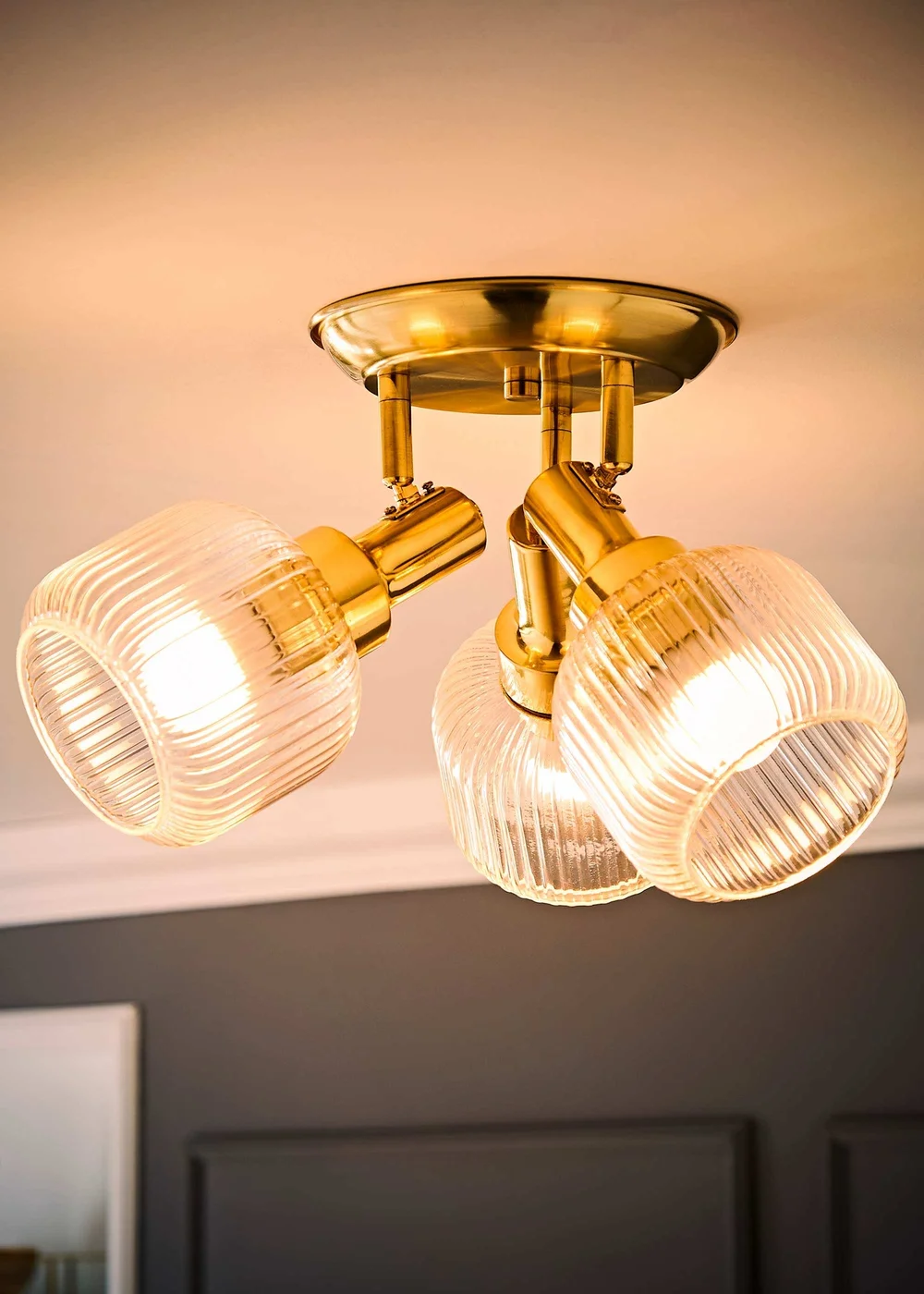 ValueLights Calpe 3 Way Brass Ceiling Spotlight Ribbed Clear Shades - One Size Image 2