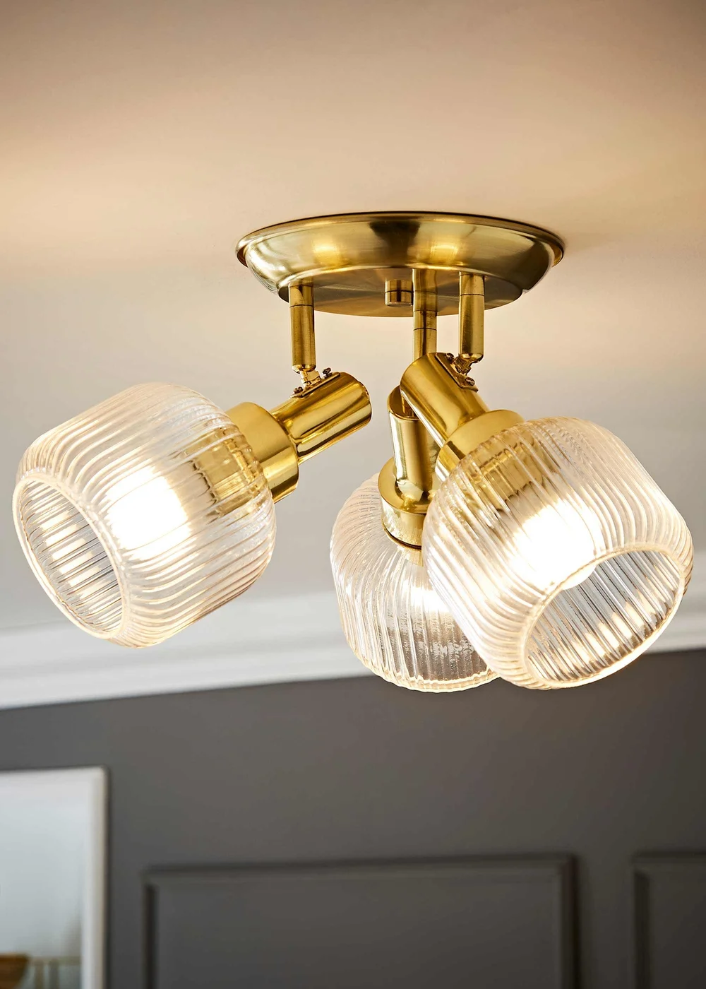 ValueLights Calpe 3 Way Brass Ceiling Spotlight Ribbed Clear Shades - One Size Image 1